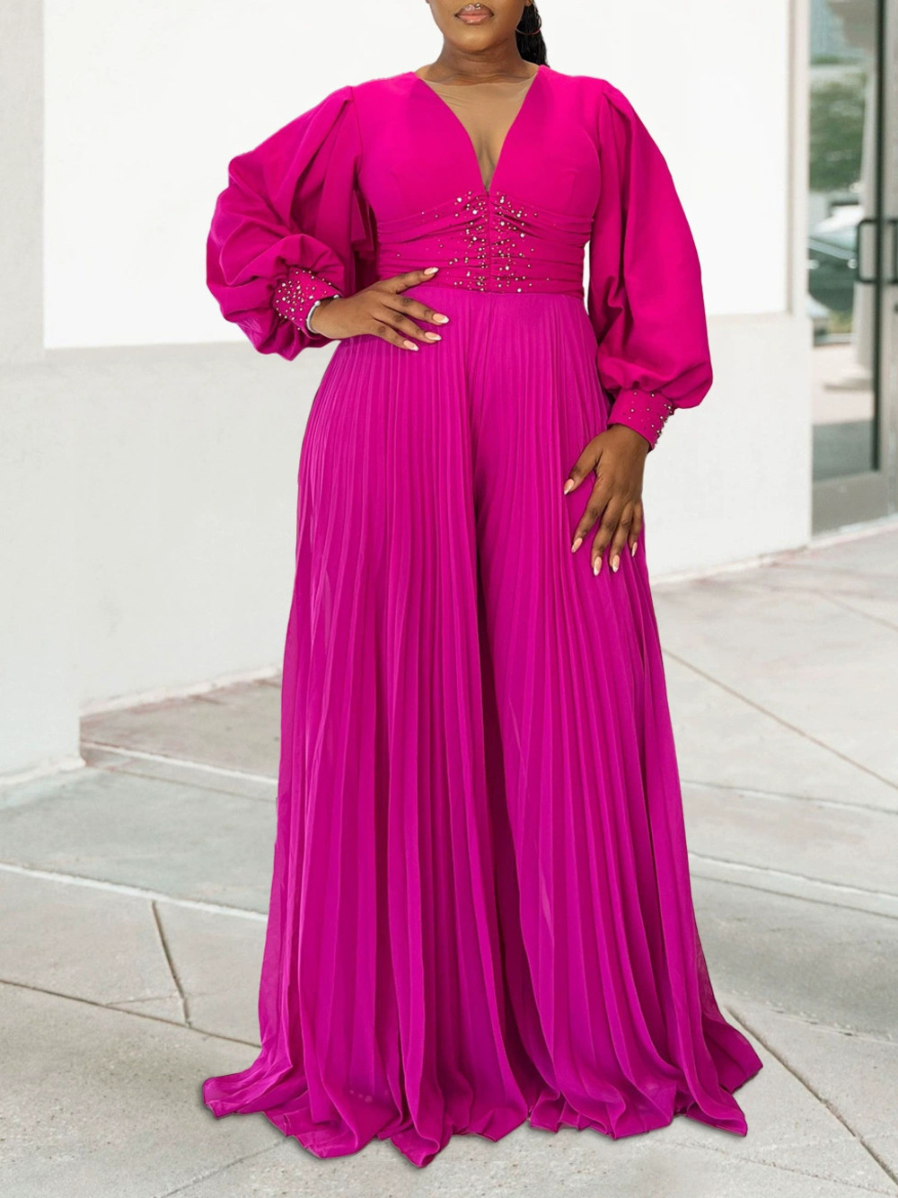 Plus Size Fall Winter Long Sleeve Beaded Sexy Wide Leg Pleated African Jumpsuit